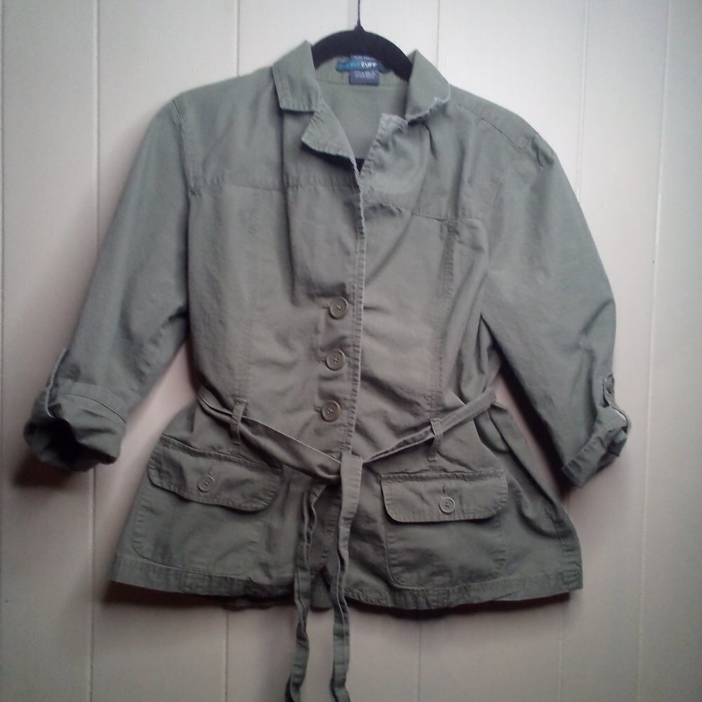 French Cuff Shirt Jacket L Button Up Belt 3/4 Sleeve Green